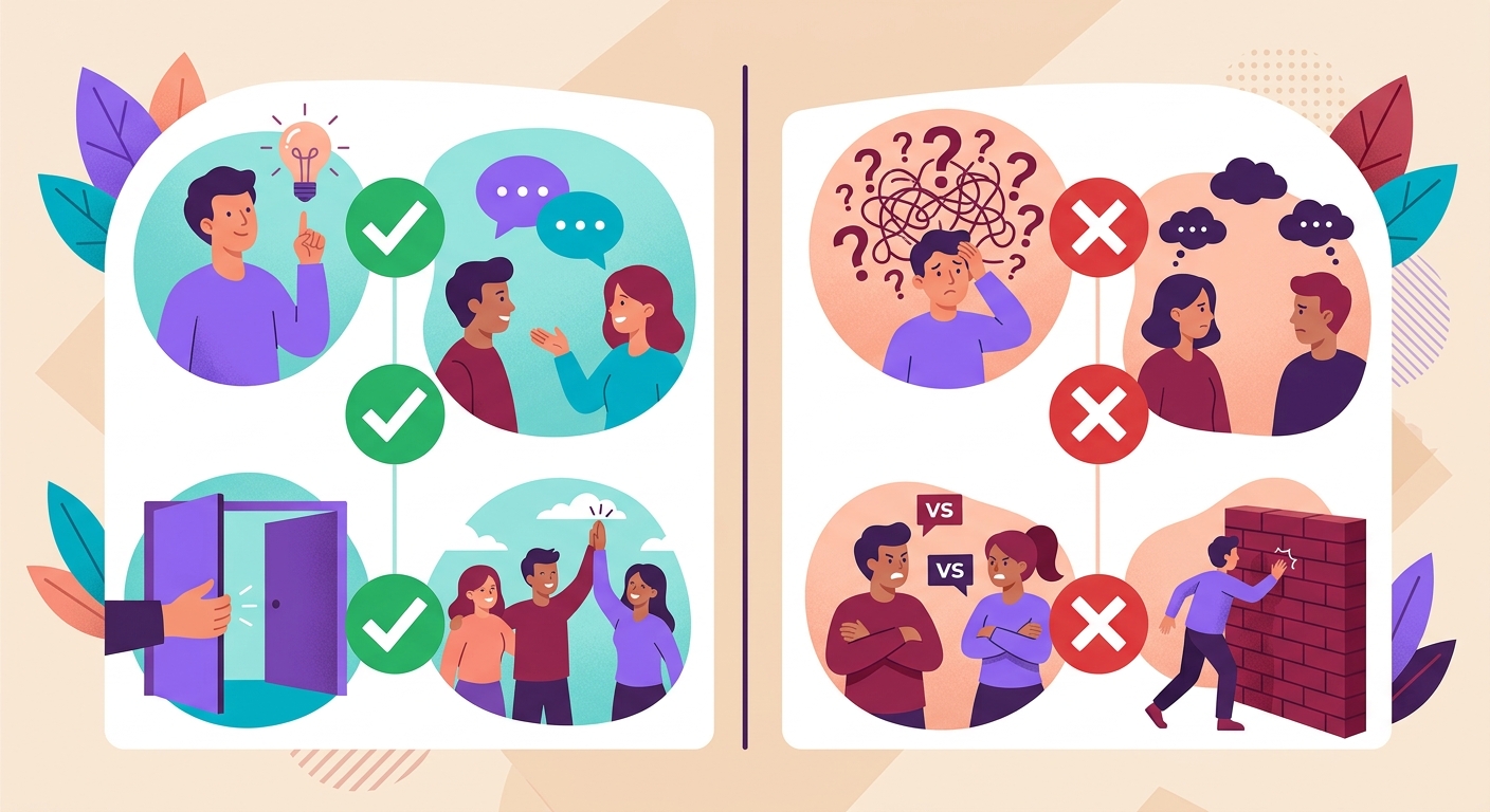 comparação visual de 2 colunas — "perguntas que funcionam" com checkmarks verdes