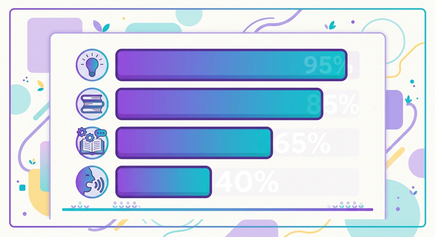 gráfico estilo barra horizontal mostrando 4 cenários — "frase curta limpa: 95%",