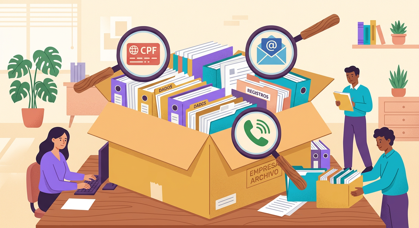 ilustração de uma empresa como uma caixa cheia de documentos/arquivos com lupas 
