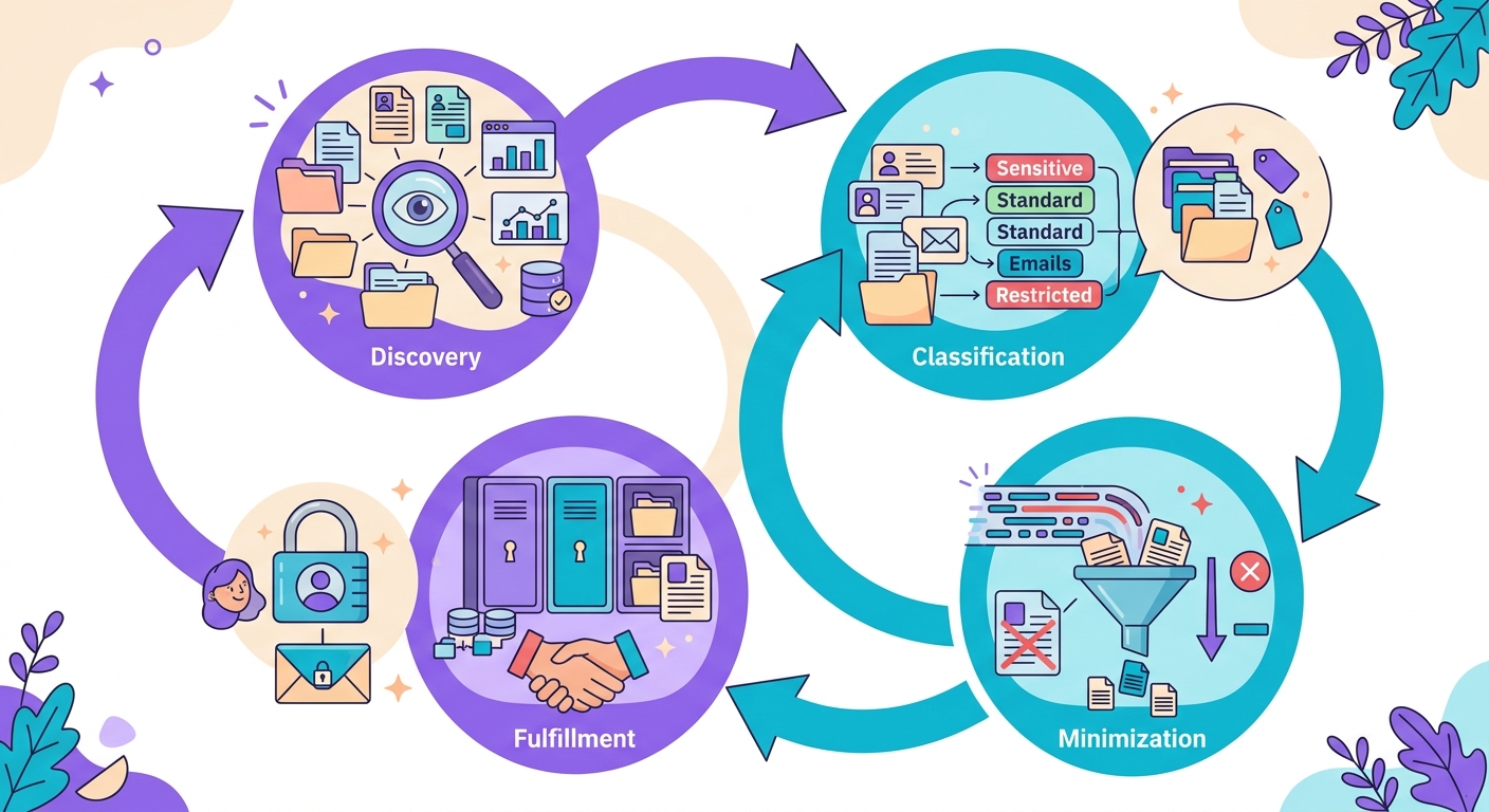 diagrama de 4 etapas do ciclo de vida de PII — Discovery → Classification → Mini