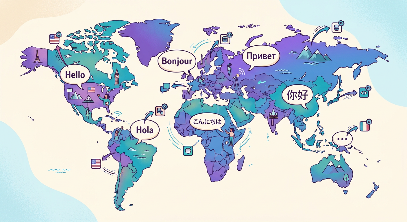 mapa-mundi estilizado com balões de texto em vários idiomas saindo de cada regiã