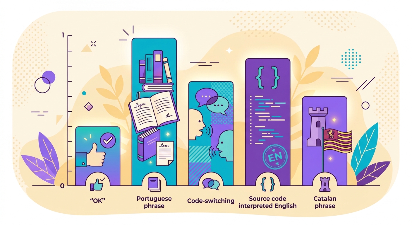 gráfico mostrando confidence scores para 5 frases — uma curta "OK" (0.4), uma lo