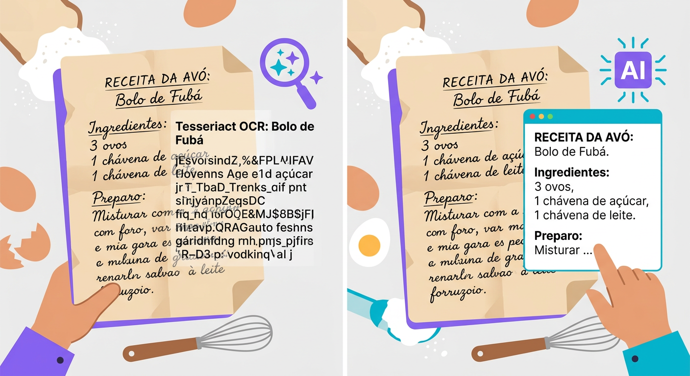 comparação lado a lado — à esquerda uma receita manuscrita com Tesseract gerando