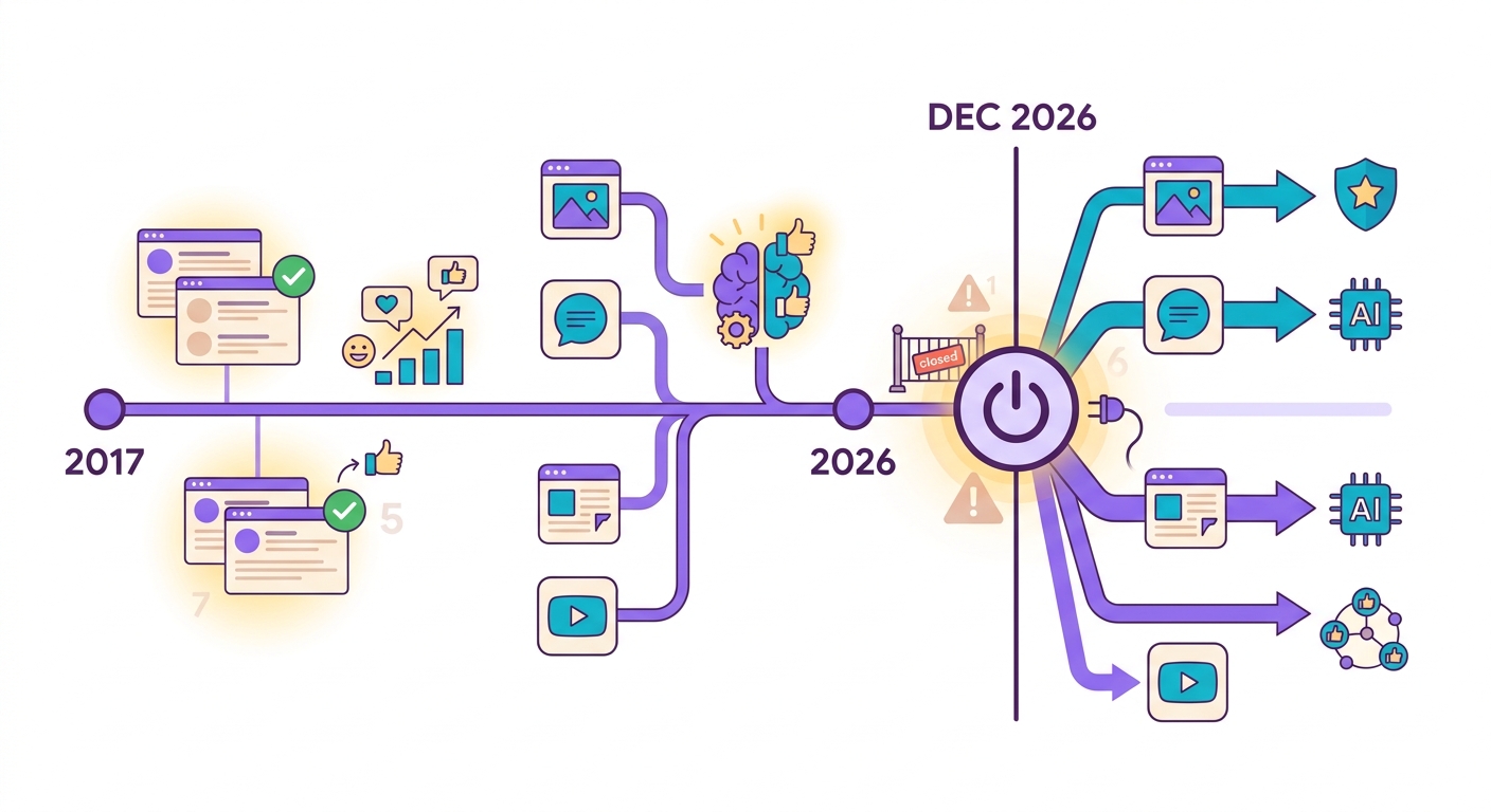 timeline mostrando Perspective API (2017-2026), com ícone de "desligamento" em d