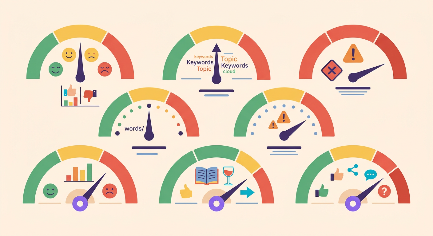 dashboard visual com 7 medidores mostrando um comentário de exemplo sendo analis