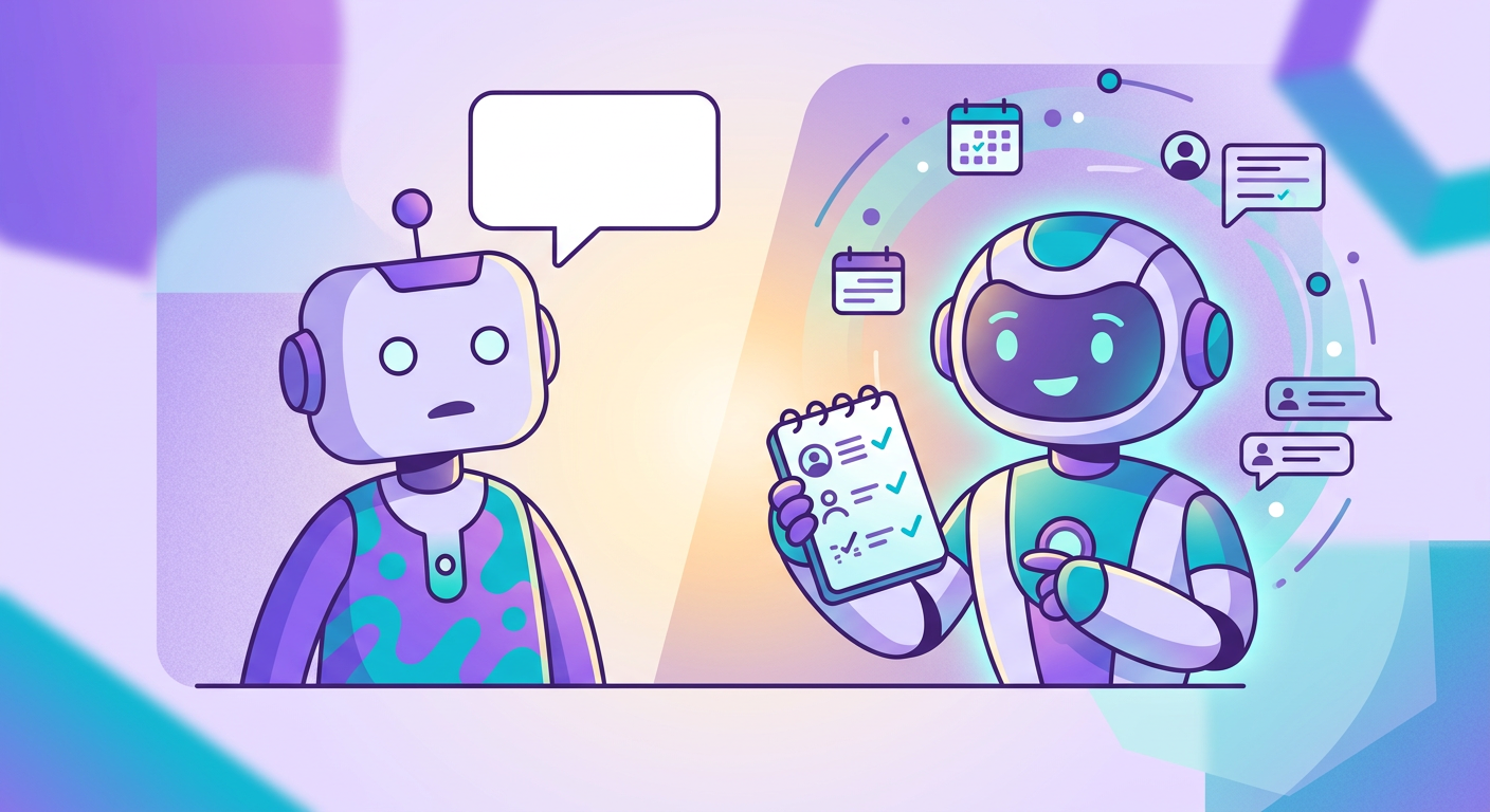 ilustração de 2 personagens — à esquerda um chatbot sem memória (balão vazio ao 