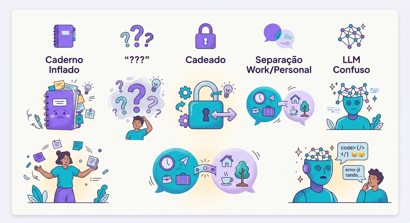 lista visual de 5 armadilhas com ícones e exemplos curtos — caderno inflado, "??