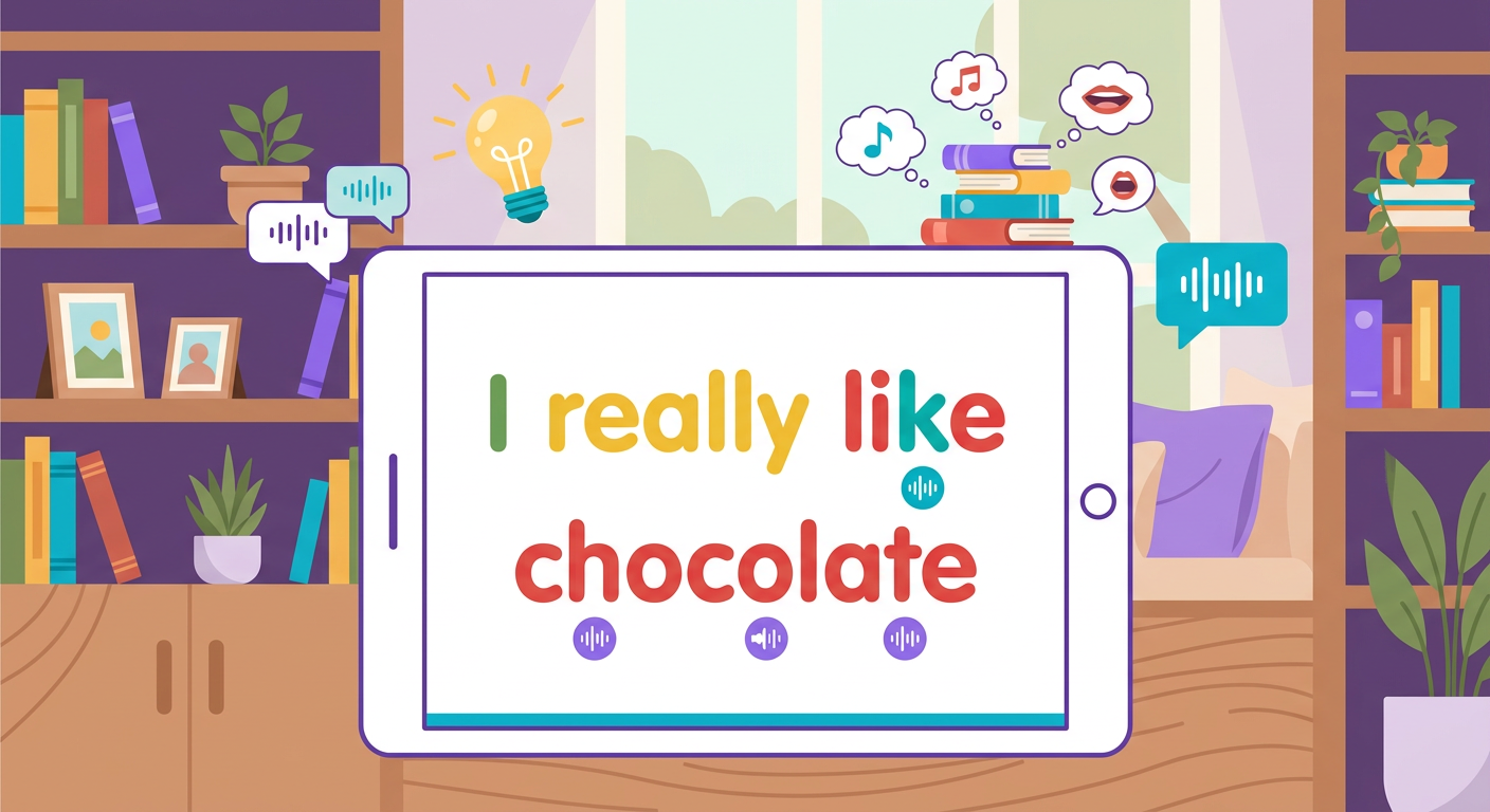 tela mostrando a frase "I really like chocolate" com cada palavra colorida por c
