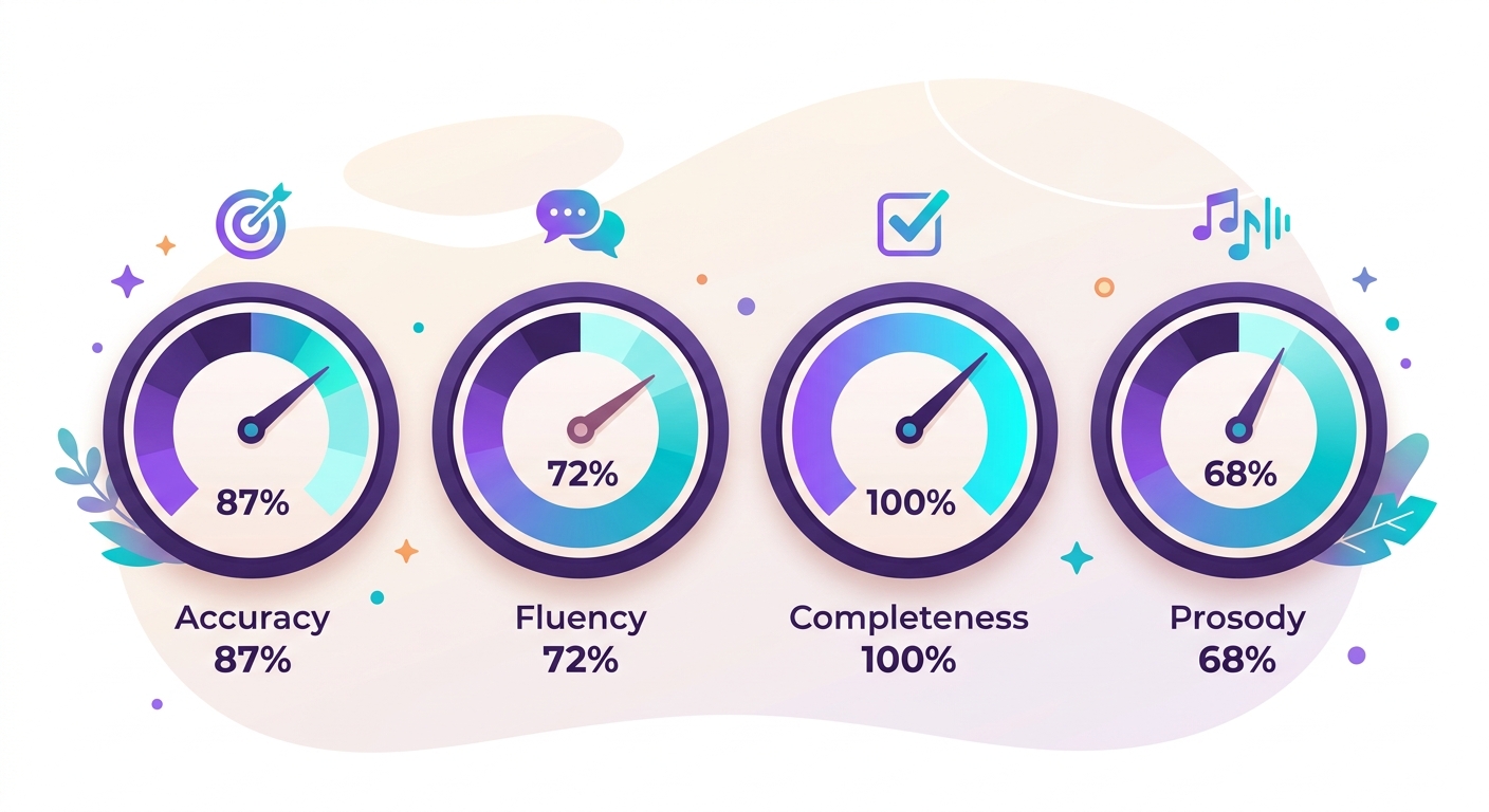 painel de 4 medidores circulares tipo dashboard — Accuracy 87, Fluency 72, Compl