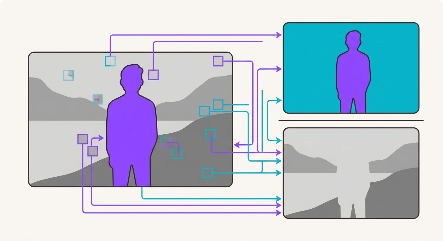 diagrama mostrando uma imagem sendo dividida em primeiro plano (silhueta colorid