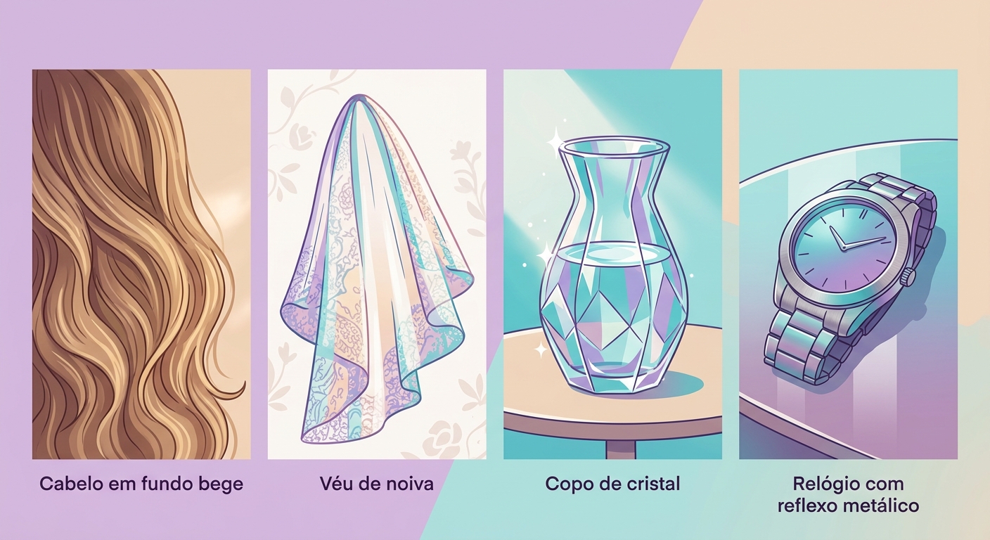 lado a lado de 4 casos difíceis — cabelo em fundo bege, véu de noiva, copo de cr