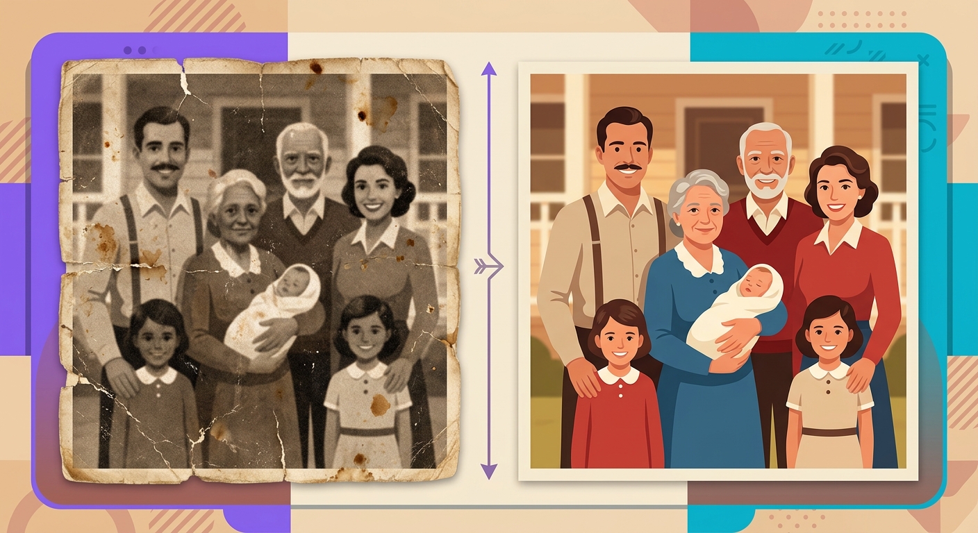 uma foto de família antiga em sépia com rasgos e manchas, com destaque nos rosto
