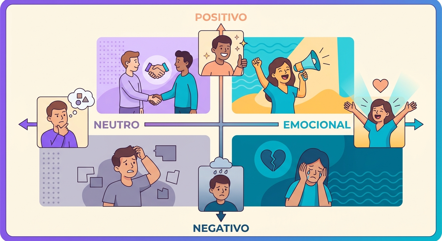 matriz de 4 quadrantes — eixo X "neutro → emocional", eixo Y "positivo → negativ