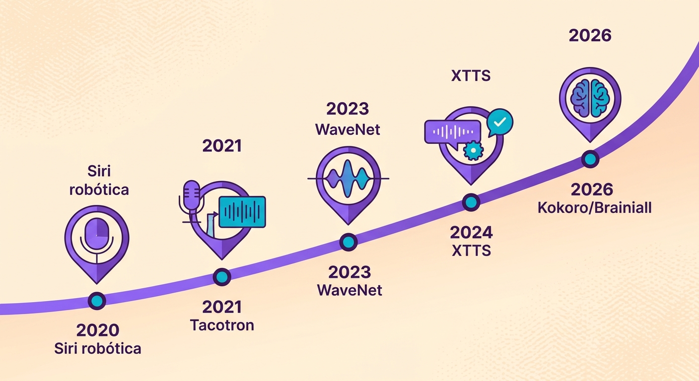 gráfico de timeline mostrando 5 marcos — 2020 Siri robótica, 2021 Tacotron, 2023