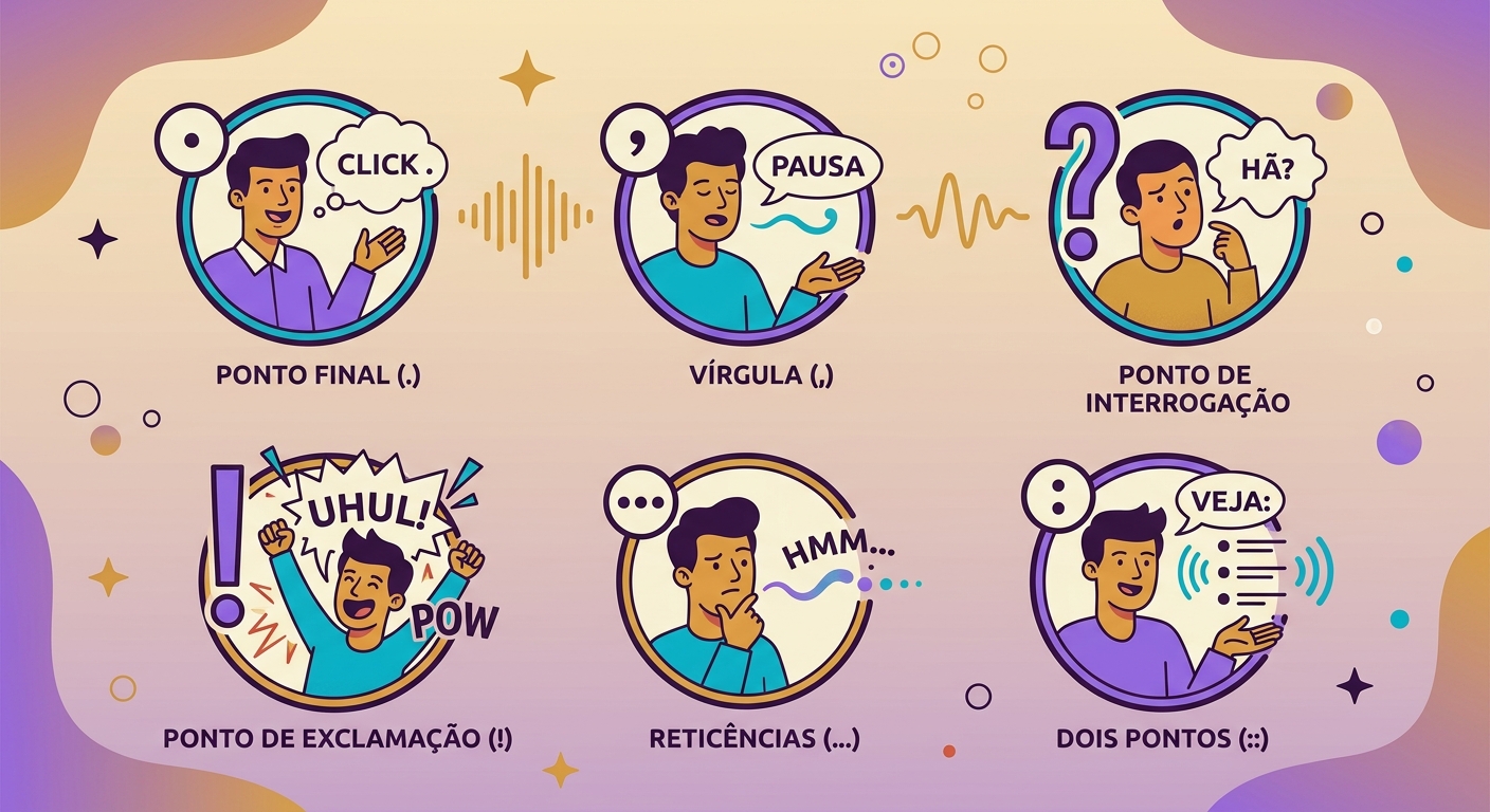 guia visual de pontuação e efeito sonoro — cada sinal com ícone e descrição de i