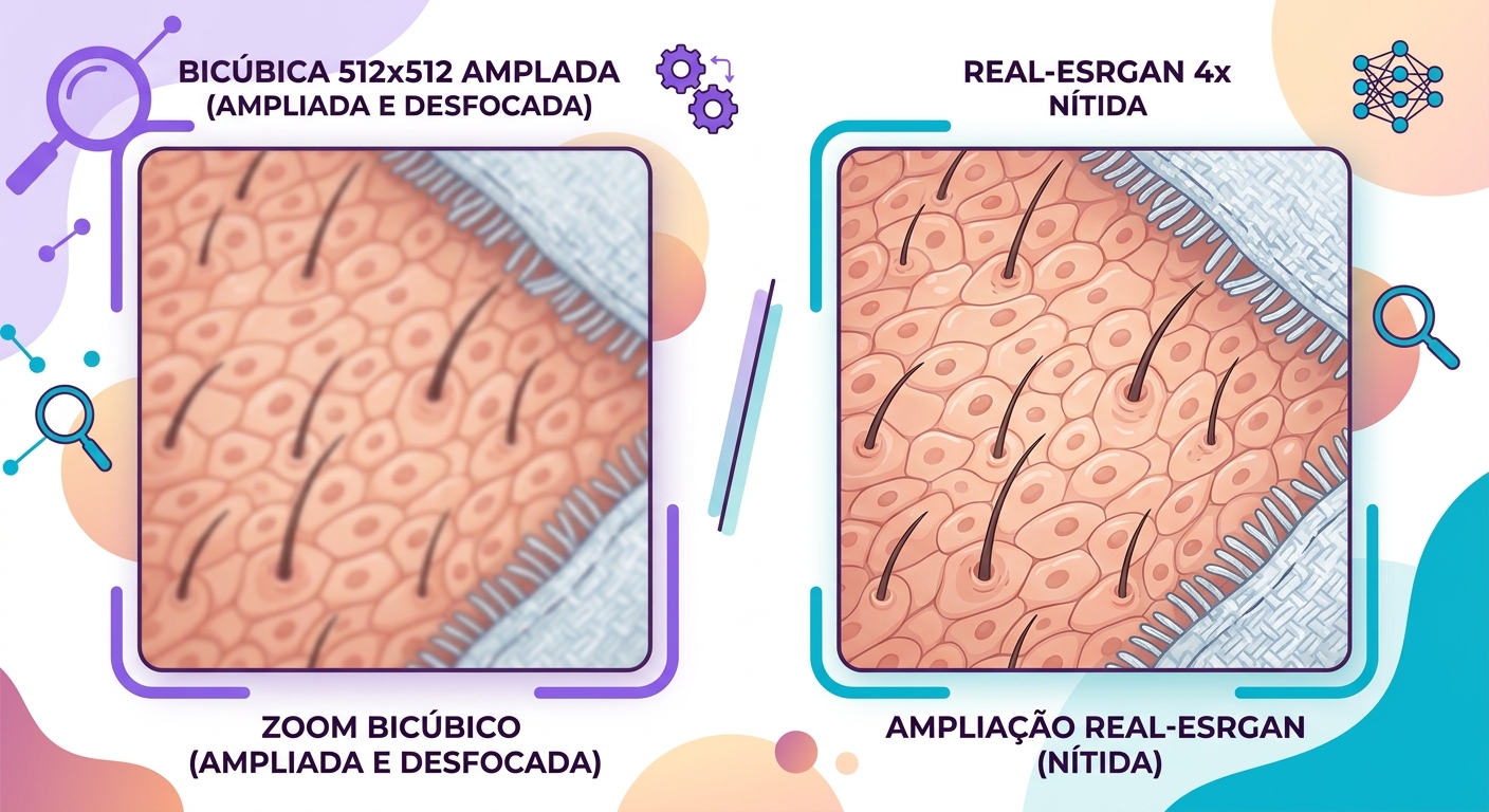 comparação lado a lado — à esquerda uma foto 512x512 ampliada com bicubic (borra