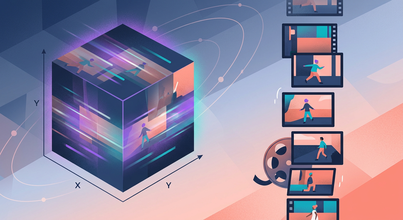 visualização de um vídeo como um "cubo 3D" (x, y, tempo) vs uma stack de imagens