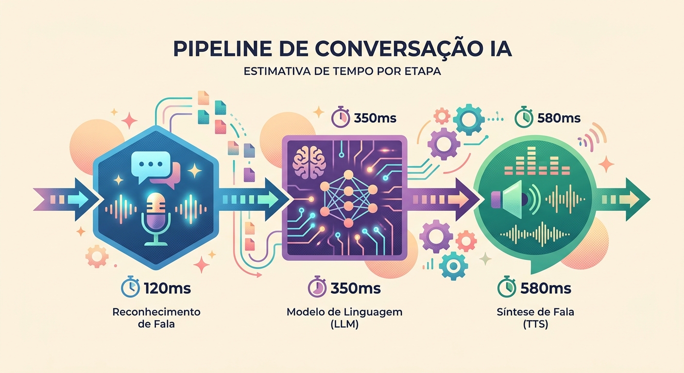 diagrama de fluxo com 3 blocos coloridos — STT (azul), LLM (roxo), TTS (verde) —
